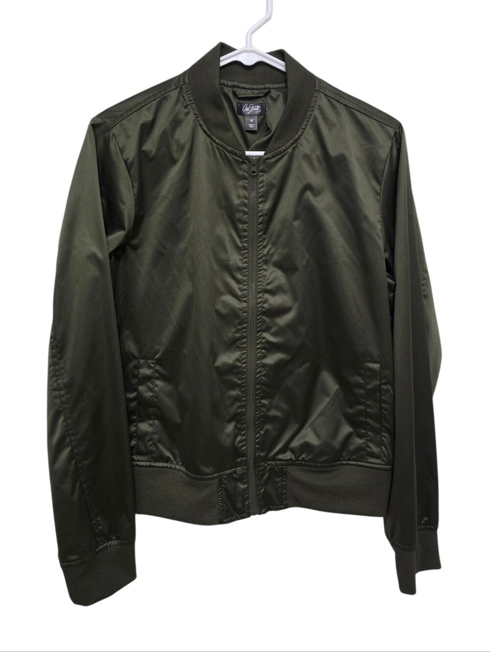 City Streets Women's Bomber Jacket Olive Green Satin Size Mediun